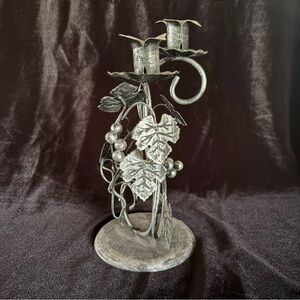 Vintage Silver Metal Candle Holder with Leaf Design